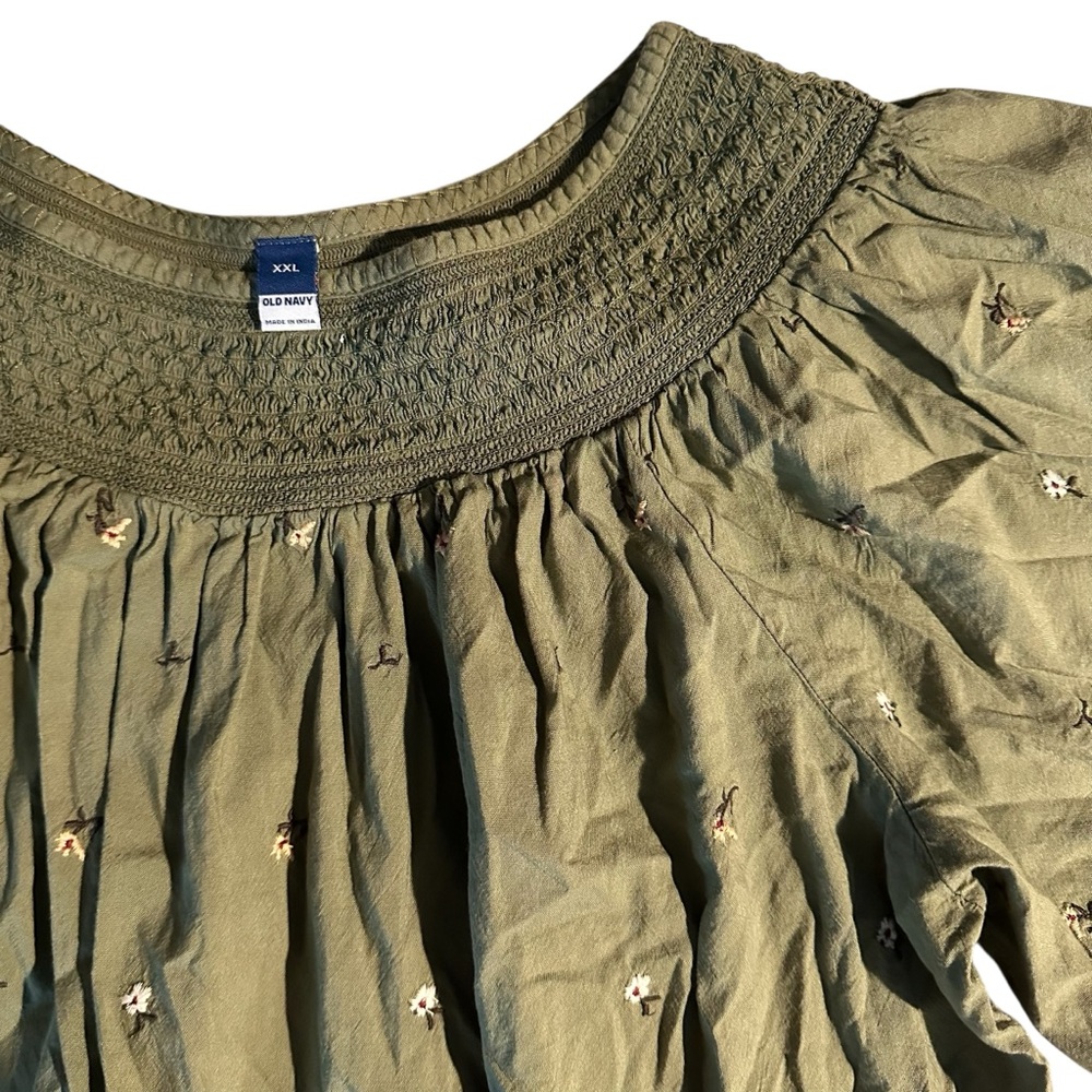 Old Navy Green Flutter Sleeve Smocked Floral Embroidery Mini Swing Dress | 2XL - Picture 5 of 12